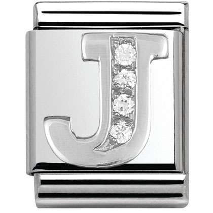 Nm 332301/10 Звено BIG буква "J" сталь, серебро 925°, кубики циркония Swarovski