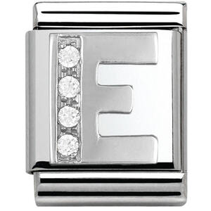 Nm 332301/05 Звено BIG буква "E" сталь, серебро 925°, кубики циркония Swarovski