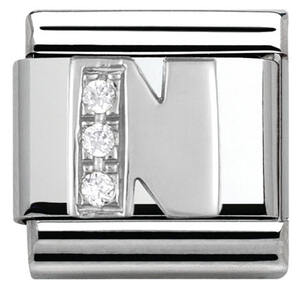 Nm 330301/14 Звено CLASSIC буква "N" сталь, серебро 925°, кубики циркония Swarovski.