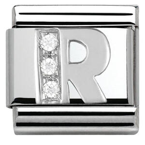 Nm 330301/18 Звено CLASSIC буква "R" сталь, серебро 925°, кубики циркония Swarovski.