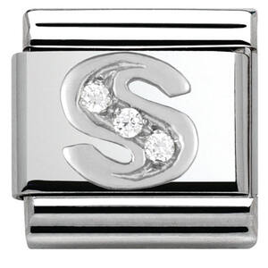 Nm 330301/19 Звено CLASSIC буква "S" сталь, серебро 925°, кубики циркония Swarovski.