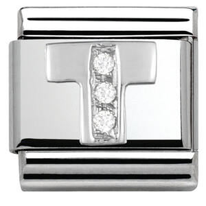 Nm 330301/20 Звено CLASSIC буква "T" сталь, серебро 925°, кубики циркония Swarovski.
