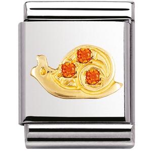Nm 032305/19 Звено BIG символ "УЛИТКА" сталь, золото 750 gr.0.6, оранжевые кубики циркония Swarovski