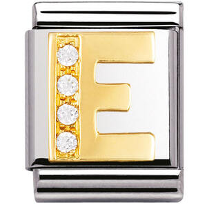 Nm 032301/05 Звено BIG буква "E" сталь, золото 750 gr.0.6, кубики циркония Swarovski