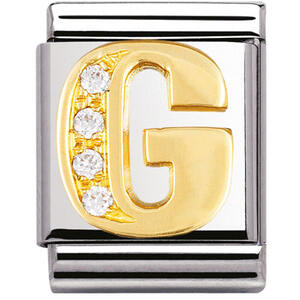 Nm 032301/07 Звено BIG буква "G" сталь, золото 750 gr.0.6, кубики циркония Swarovski