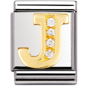 Nm 032301/10 Звено BIG буква "J" сталь, золото 750 gr.0.6, кубики циркония Swarovski