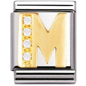 Nm 032301/13 Звено BIG буква "M" сталь, золото 750 gr.0.6, кубики циркония Swarovski