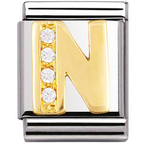 Nm 032301/14 Звено BIG буква "N" сталь, золото 750 gr.0.6, кубики циркония Swarovski