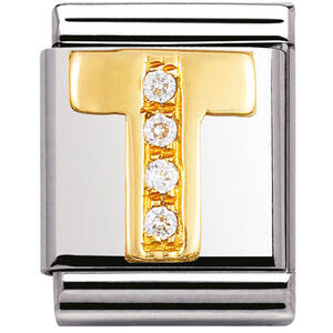 Nm 032301/20 Звено BIG буква "T" сталь, золото 750 gr.0.6, кубики циркония Swarovski