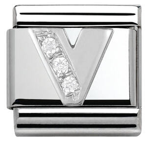 Nm 330301/22 Звено CLASSIC буква "V" сталь, серебро 925°, кубики циркония Swarovski.