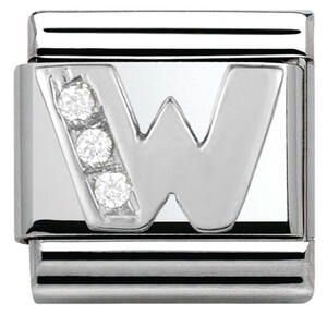Nm 330301/23 Звено CLASSIC буква "W" сталь, серебро 925°, кубики циркония Swarovski.