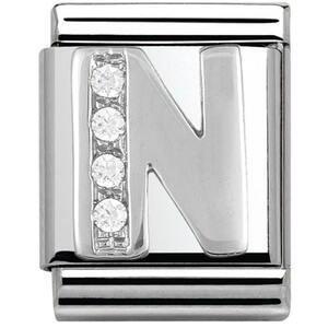 Nm 332301/14 Звено BIG буква "N" сталь, серебро 925°, кубики циркония Swarovski