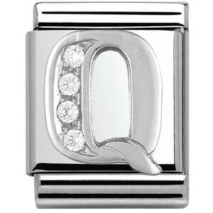 Nm 332301/17 Звено BIG буква "Q" сталь, серебро 925°, кубики циркония Swarovski