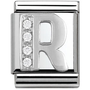 Nm 332301/18 Звено BIG буква "R" сталь, серебро 925°, кубики циркония Swarovski