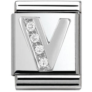 Nm 332301/22 Звено BIG буква "V" сталь, серебро 925°, кубики циркония Swarovski
