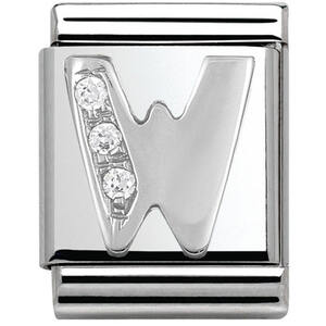 Nm 332301/23 Звено BIG буква "W" сталь, серебро 925°, кубики циркония Swarovski