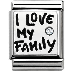 Nm 332312/03 Звено BIG символ "I LOVE FAMILY" сталь, серебро 925°, кубик циркония Swarovski