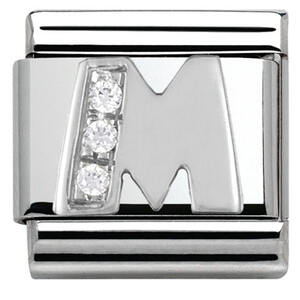 Nm 330301/13 Звено CLASSIC буква "M" сталь, серебро 925°, кубики циркония Swarovski.