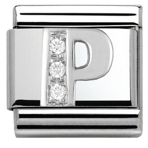 Nm 330301/16 Звено CLASSIC буква "P" сталь, серебро 925°, кубики циркония Swarovski.