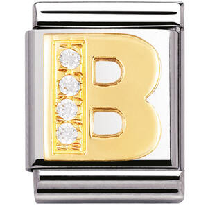 Nm 032301/02 Звено BIG буква "B" сталь, золото 750 gr.0.6, кубики циркония Swarovski