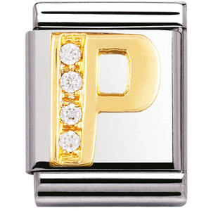 Nm 032301/16 Звено BIG буква "P" сталь, золото 750 gr.0.6, кубики циркония Swarovski
