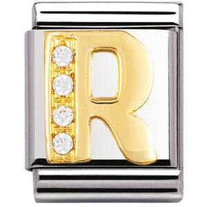Nm 032301/18 Звено BIG буква "R" сталь, золото 750 gr.0.6, кубики циркония Swarovski