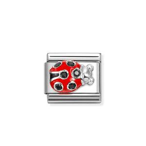 Nm 330321/11 Звено CLASSIC символ "БОЖЬЯ КОРОВКА" сталь/серебро 925°/цирконы черные/эмаль красная