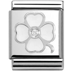 Nm 332305/02 Звено BIG символ "КЛЕВЕР" сталь, серебро 925°, кубик циркония Swarovski, эмаль белая