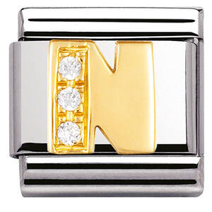 Nm 030301/14 Звено CLASSIC буква"N" сталь, золото 750 gr.0,26, кубики циркония Swarovski 0,03 К