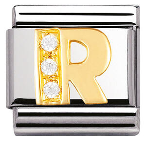 Nm 030301/18 Звено CLASSIC буква"R" сталь, золото 750 gr.0,26, кубики циркония Swarovski 0,03 К