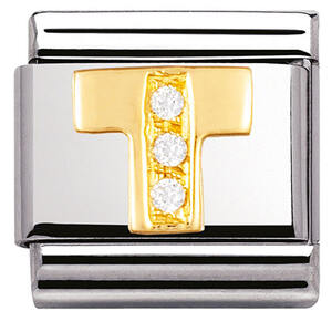 Nm 030301/20 Звено CLASSIC буква"T" сталь, золото 750 gr.0,26, кубики циркония Swarovski 0,03 К